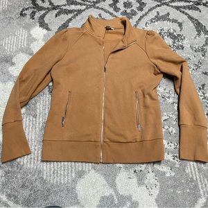 Nine West Ruffle Puff Shoulder Full Zip Mustard Yellow Tan Sweatshirt